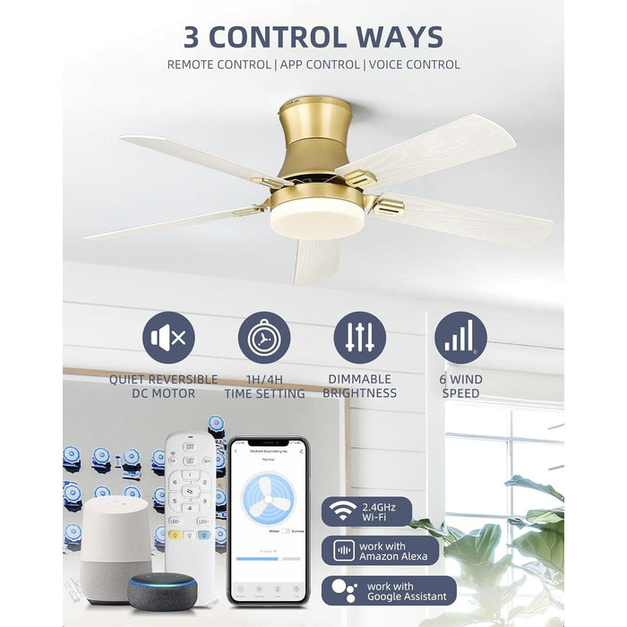 52 in. Low Profile Ceiling Fan with Remote and APP Control, Gold Indoor Outdoor Ceiling Fan with Light, Reversible Dimmable Flush Mount Ceiling Fan-2-ErisView