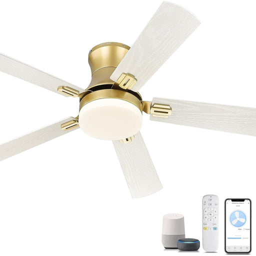 52 in. Low Profile Ceiling Fan with Remote and APP Control, Gold Indoor Outdoor Ceiling Fan with Light, Reversible Dimmable Flush Mount Ceiling Fan-1-ErisView