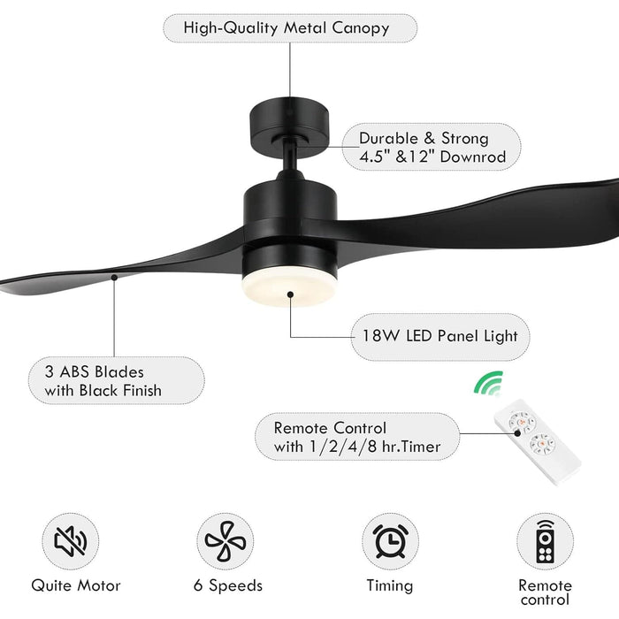 52 in. Matte Black Ceiling Fan with Lights and Remote, Good Ceiling Fans, Modern Ceiling Fan for Kitchen Bedroom Living Room-6-ErisView