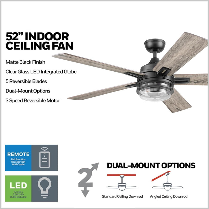 52 in. Matte Black Contemporary Ceiling Fan with Light and Remote Control, Indoor Reversible LED Ceiling Fan with Light-4-ErisView