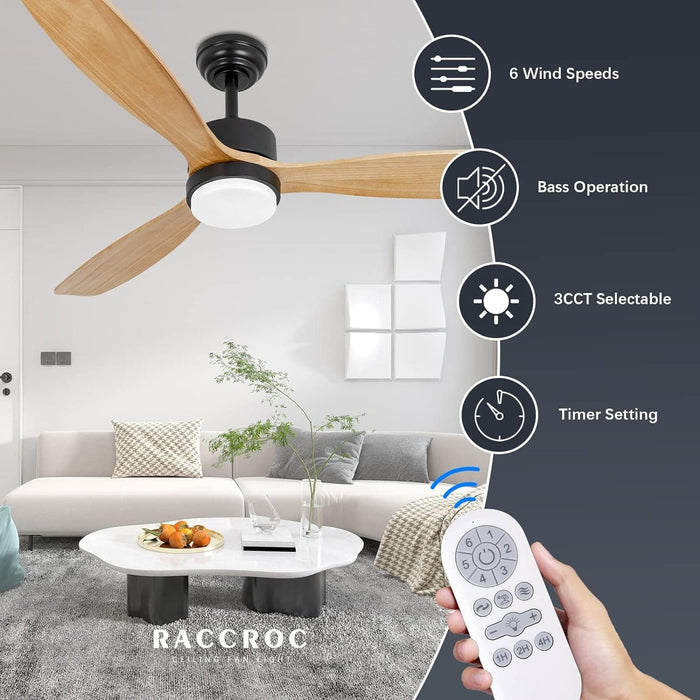 52 in. Matte Black Wood Ceiling Fan with Lights and Remote, Modern Ceiling Fan with Light, 3 Natural Solid Wood Blades, Reversible Quiet Ceiling Fans-2-ErisView