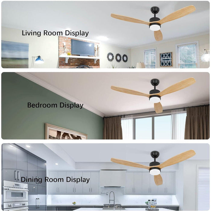 52 in. Matte Black Wood Ceiling Fan with Lights and Remote, Modern Ceiling Fan with Light, 3 Natural Solid Wood Blades, Reversible Quiet Ceiling Fans-6-ErisView