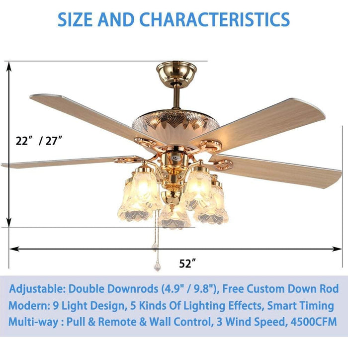 52 in. Modern Gold Chandelier Ceiling Fan with Remote Control Reversible Blades, Frosted Light Kit, Quiet Ceiling Fans-3-ErisView