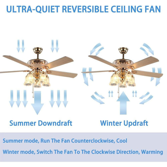 52 in. Modern Gold Chandelier Ceiling Fan with Remote Control Reversible Blades, Frosted Light Kit, Quiet Ceiling Fans-4-ErisView