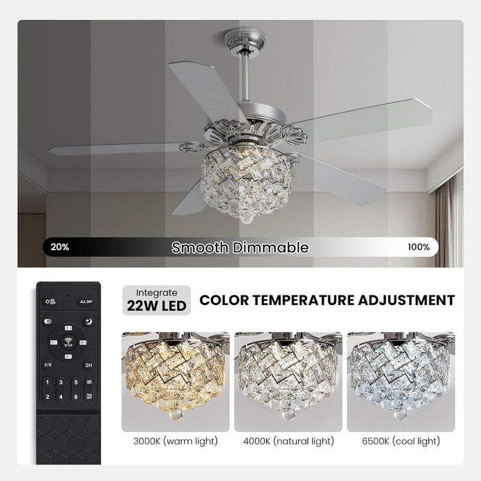 52 in. Modern LED Crystal Ceiling Fan Chandelier with Light, Reversible Ceiling Fan Light Fixture with Remote for Bedroom Dining Room Living Room -3-ErisView