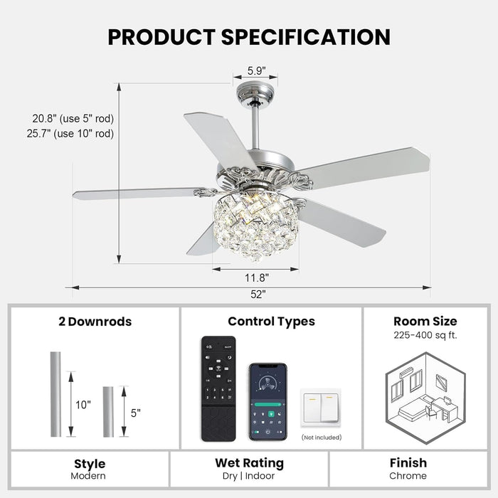 52 in. Modern LED Crystal Ceiling Fan Chandelier with Light, Reversible Ceiling Fan Light Fixture with Remote for Bedroom Dining Room Living Room -7-ErisView