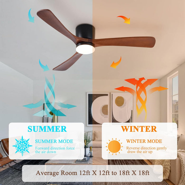 52 in. Modern Low Profile Flush Mount Ceiling Fan and Light Remote Control, Matte Black Walnut Wood Ceiling Fan, 3 Blades Reversible Quiet Ceiling Fan-4-ErisView