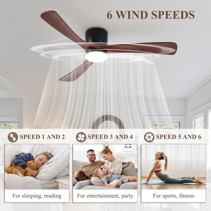 52 in. Modern Low Profile Flush Mount Ceiling Fan and Light Remote Control, Matte Black Walnut Wood Ceiling Fan, 3 Blades Reversible Quiet Ceiling Fan-5-ErisView