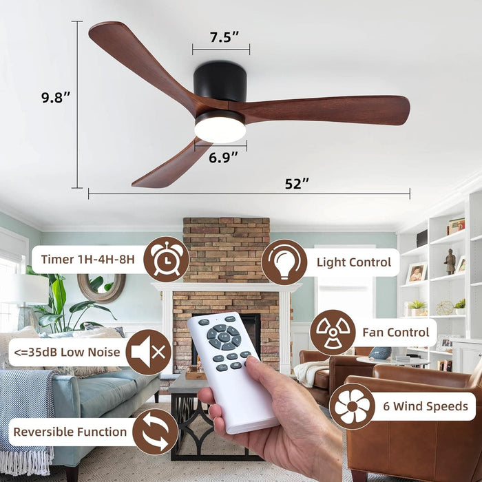 52 in. Modern Low Profile Flush Mount Ceiling Fan and Light Remote Control, Matte Black Walnut Wood Ceiling Fan, 3 Blades Reversible Quiet Ceiling Fan-6-ErisView