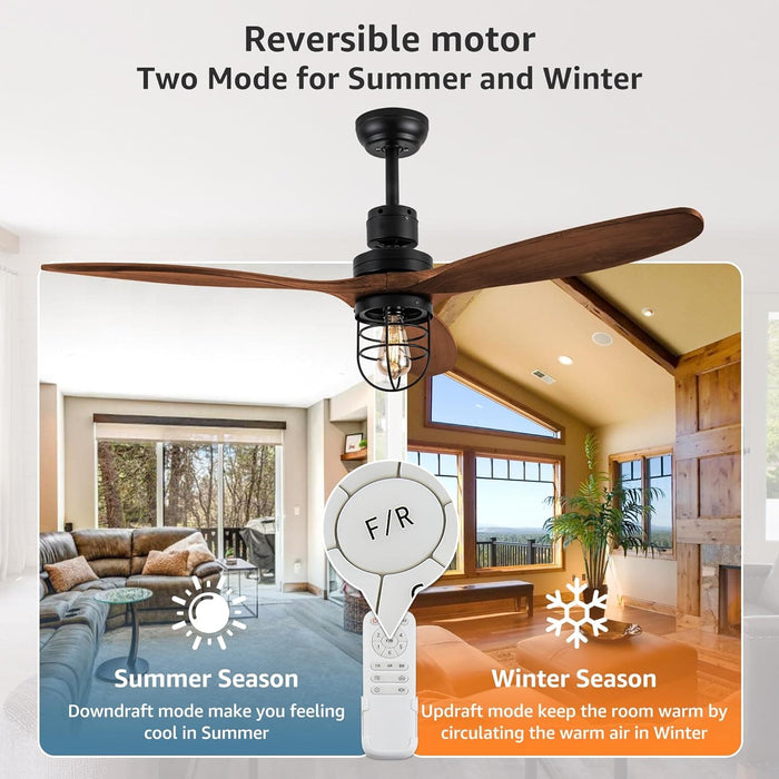 52 in. Outdoor Farmhouse Ceiling Fan with Light and Remote, Modern 3 Blade Wood Ceiling Fan for Bedroom, Reversible Outdoor Fan for Patio-4-ErisView