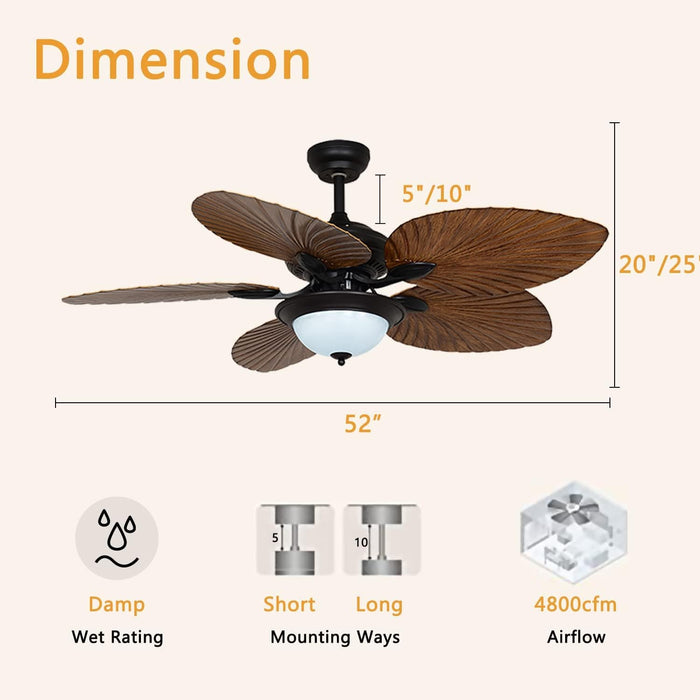 52 in. Palm Leaf Ceiling Fan, Indoor Outdoor Tropical Ceiling Fans, Outdoor Farmhouse Ceiling Fan with Light and Remote, Chandelier Fan for Bedroom Kitchen-2-ErisView