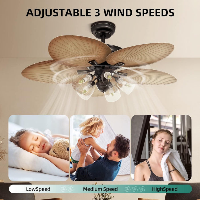 52 in. Palm Leaf Ceiling Fan with Seeded Glass Light Kit, Brown Tropical Ceiling Fans with Light and Remote, Silent Reversible DC Ceiling Fan-3-ErisView