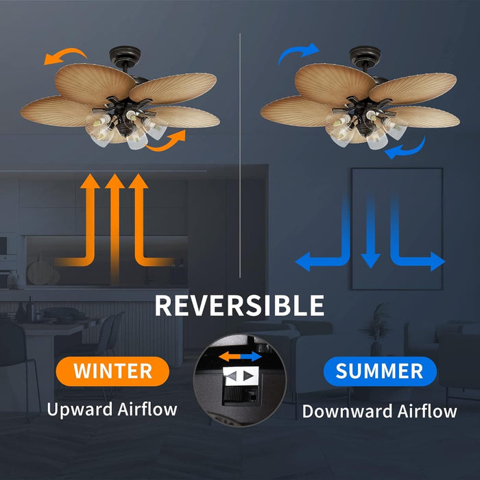 52 in. Palm Leaf Ceiling Fan with Seeded Glass Light Kit, Brown Tropical Ceiling Fans with Light and Remote, Silent Reversible DC Ceiling Fan-4-ErisView