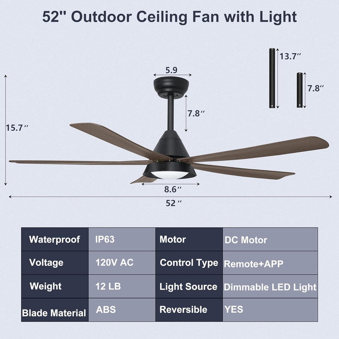 52 in. Patio Fans, Outdoor Ceiling Fan with Light Remote APP Control, Farmhouse Wet Rated Outdoor Ceiling Fans, Covered Ceiling Fan, Outdoor Deck Fan-7-ErisView