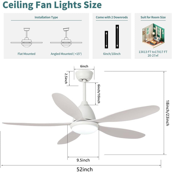 52 in. Remote Control Ceiling Fan and Light, 5 Blades Low Profile Reversible Ceiling Fan for Living Room Bedroom Patio-6-ErisView