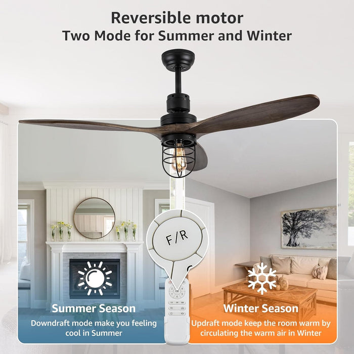 52 in. Remote Control Ceiling Fan and Light, Industrial Rustic Ceiling Fans with Light, 3 Blade Wood Ceiling Fan for Indoor Outdoor Use-3-ErisView