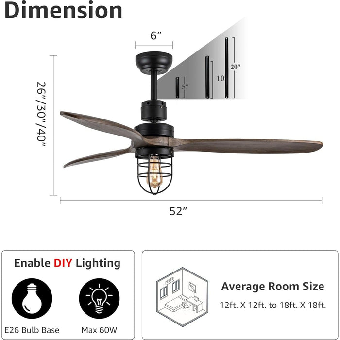 52 in. Remote Control Ceiling Fan and Light, Industrial Rustic Ceiling Fans with Light, 3 Blade Wood Ceiling Fan for Indoor Outdoor Use-7-ErisView