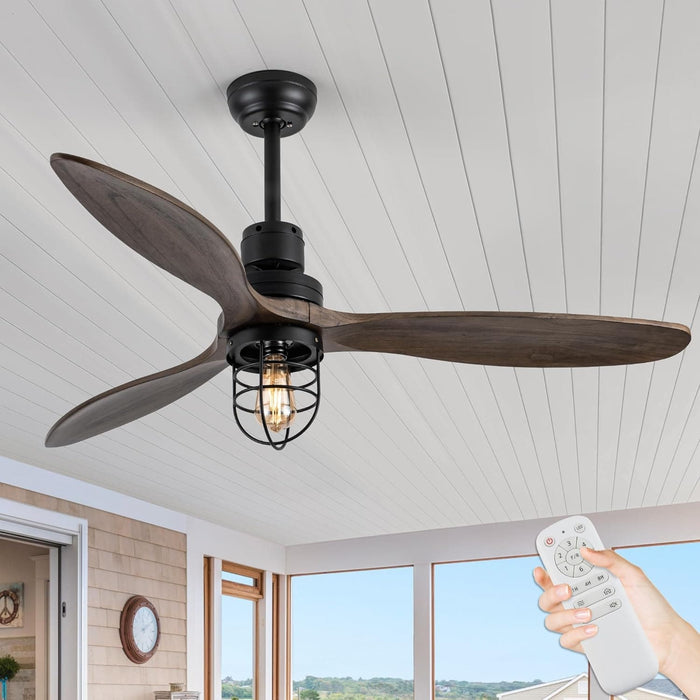 52 in. Remote Control Ceiling Fan and Light, Industrial Rustic Ceiling Fans with Light, 3 Blade Wood Ceiling Fan for Indoor Outdoor Use-1-ErisView