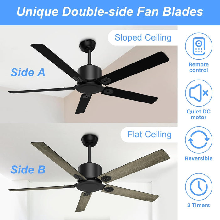 52 in. Reversible Ceiling Fan NO Light, Modern Remote Control Fan, Black Ceiling Fan for Kitchen Living Room, Outdoor Fan for Patio-2-ErisView