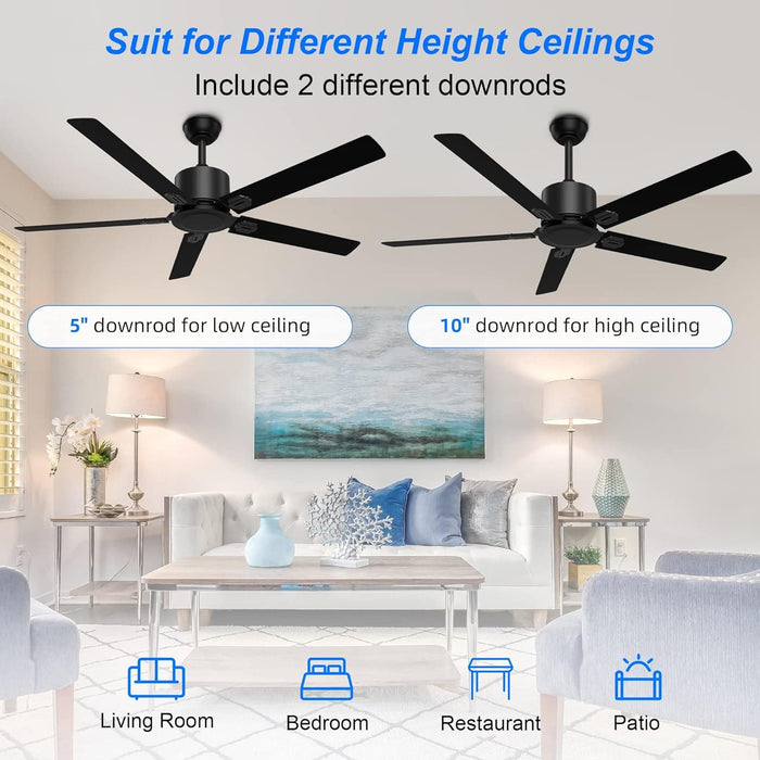 52 in. Reversible Ceiling Fan NO Light, Modern Remote Control Fan, Black Ceiling Fan for Kitchen Living Room, Outdoor Fan for Patio-4-ErisView