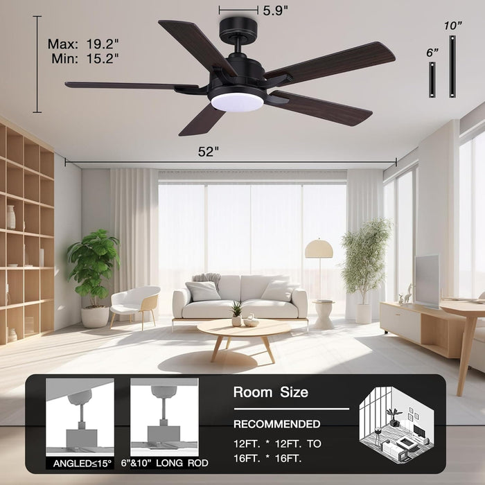 52 in. Smart Reversible Quiet Ceiling Fans with Light, Modern Ceiling Fan with Voice Wi-Fi Alexa APP Remote Control, Farmhouse Black Outdoor Ceiling Fan-7-ErisView