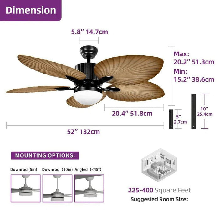 52 in. Tropical Ceiling Fan with LED Lights Remote Control, Farmhouse Dimmable Ceiling Fan for Living Room Bedroom-ErisView