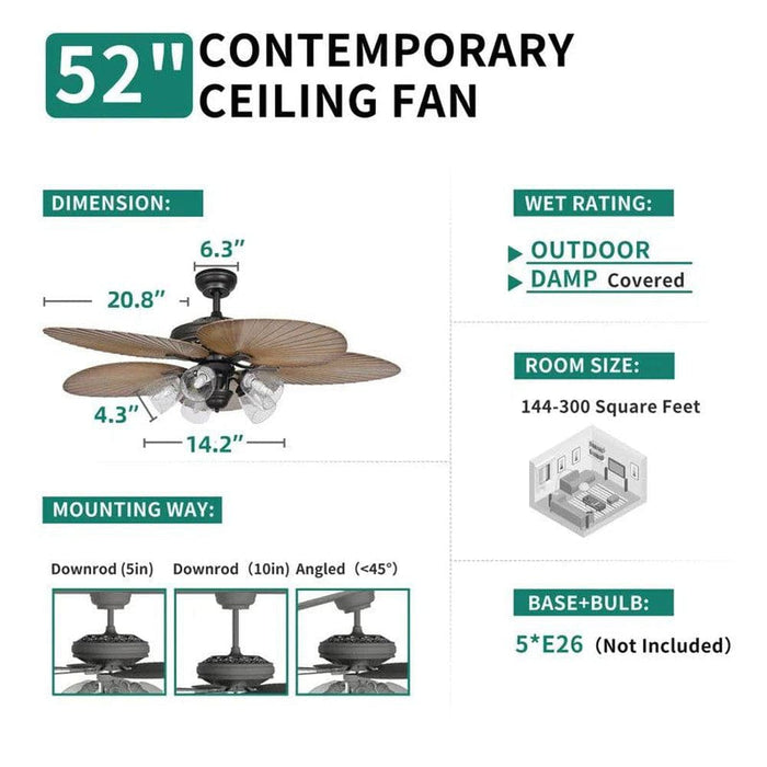 52 in. Tropical Ceiling Fan with Light Kit Remote, Silent Reversible Ceiling Fan for Living Room Bedroom-ErisView