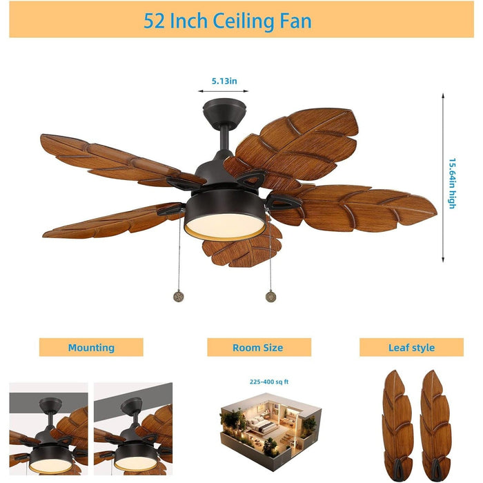 52 in. Tropical Ceiling Fan with Light Pull Chain, Palm Leaf Ceiling Fan for Living Room Bedroom Kitchen, Reversible Bronze Outdoor Ceiling Fan for Patio-3-ErisView