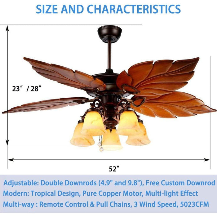 52 in. Tropical Ceiling Fan with Remote Control, Palm Leaf Ceiling Fan, Quiet Ceiling Fan, Rustic Bronze Ceiling Fan Chandelier Light Fixture-3-ErisView