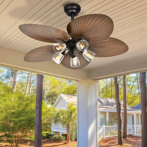 52 in. Tropical Fanlight with Light Kit, Palm Leaf Ceiling Fan with Remote for Living Room Bedroom Porch-Brown-ErisView