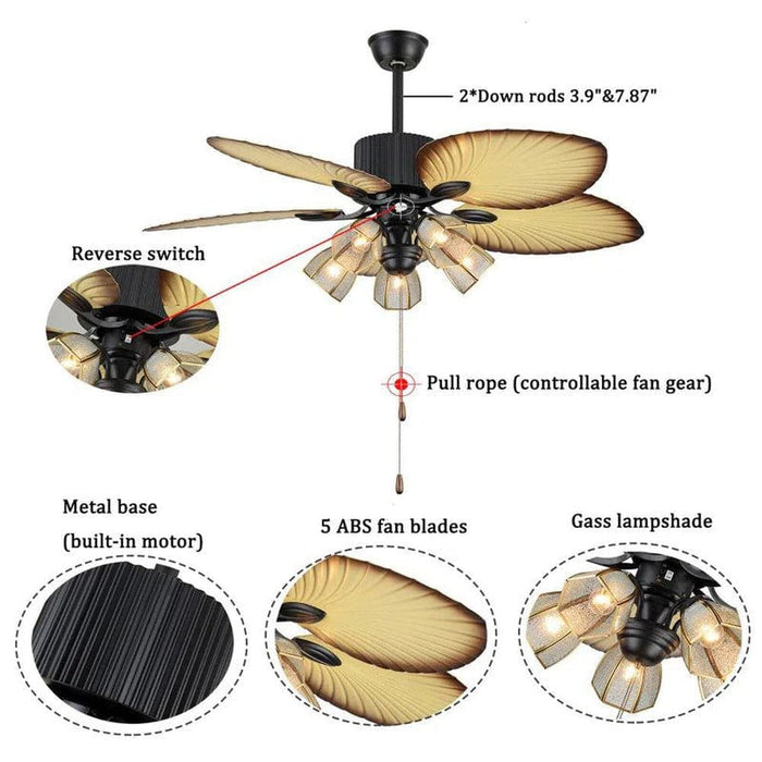 52 in. Tropical Indoor Outdoor Ceiling Fan with Light Kit Pull Chain, Quite Ceiling Fan for Dining Room Living Room Bedroom-ErisView