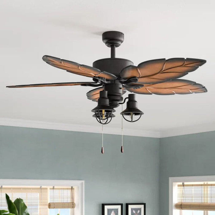 52 in. Tropical Indoor Outdoor Ceiling Fan with Light Kit Pull Chain Remote Control, Weather Resistant Bronze Ceiling Fan with Leaf Blade-ErisView