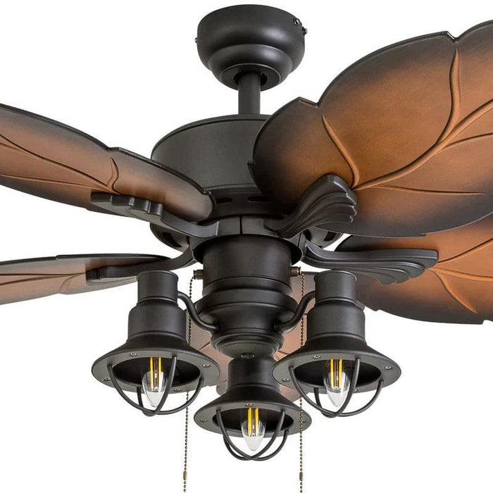 52 in. Tropical Indoor Outdoor Ceiling Fan with Light Kit Pull Chain Remote Control, Weather Resistant Bronze Ceiling Fan with Leaf Blade-ErisView