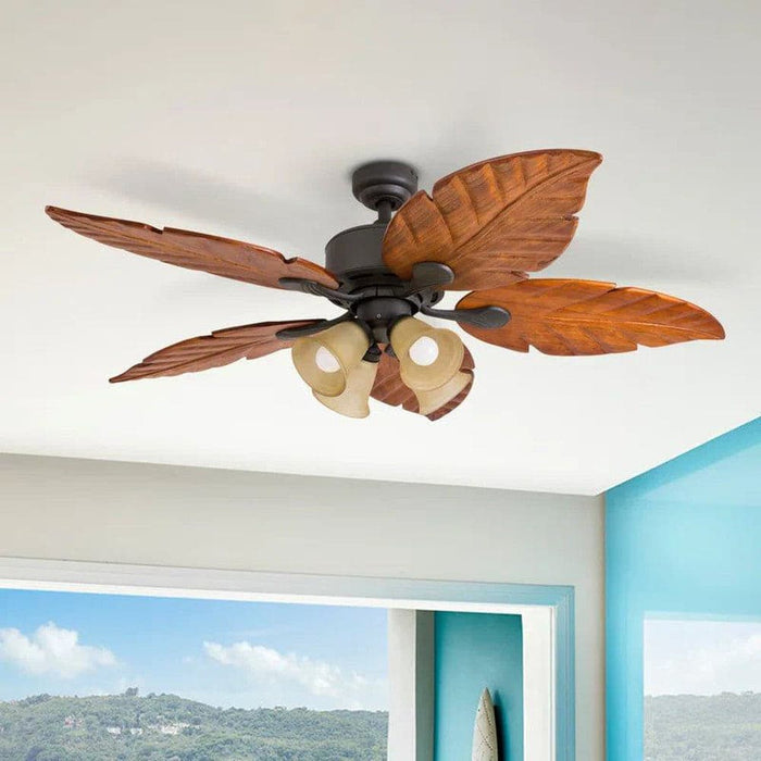 52 in. Tropical LED Ceiling Fan with Light Kits Wood Blade Pull Chain Remote Control for Living Room-ErisView