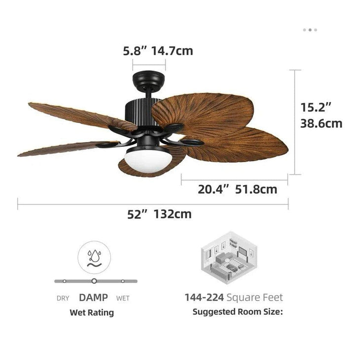 52 in. Tropical Outdoor Dimmable Ceiling Fan Light for Patio, Reversible Palm Ceiling Fan with LED Light Remote Control-ErisView