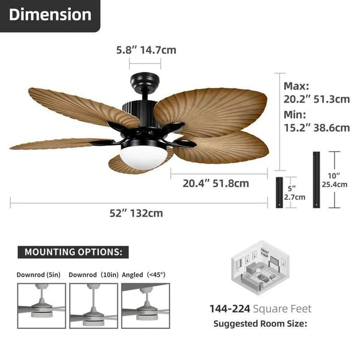 52 in. Tropical Outdoor Dimmable Ceiling Fan Light for Patio, Reversible Palm Ceiling Fan with LED Light Remote Control-ErisView