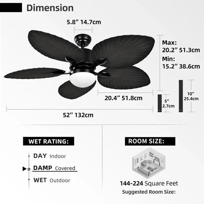 52 in. Tropical Outdoor Dimmable Ceiling Fan Light for Patio, Reversible Palm Ceiling Fan with LED Light Remote Control-ErisView