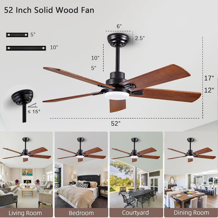 52 in. Walnut Ceiling Fan with Remote Control for Bedroom Living Room, Outdoor Farmhouse Modern Reversible Ceiling Fan for Patio-2-ErisView