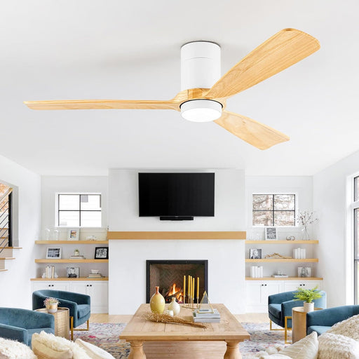 52 in. White Low Profile Ceiling Fan with Light and Remote Control, Wood Ceiling Fan for Patio Bedroom Living Room Dining Room-1-ErisView