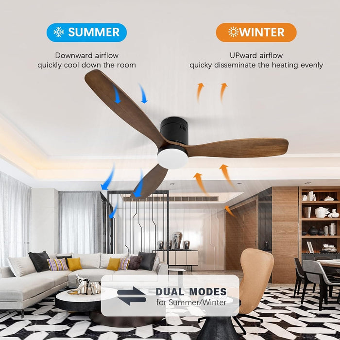 52 in. Wood Flush Mount Remote Control Ceiling Fan and Light, Dark Brown Wood Reversible Ceiling Fan-2-ErisView