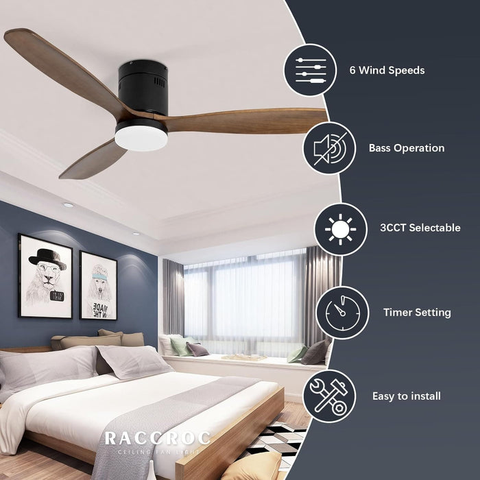 52 in. Wood Flush Mount Remote Control Ceiling Fan and Light, Dark Brown Wood Reversible Ceiling Fan-3-ErisView