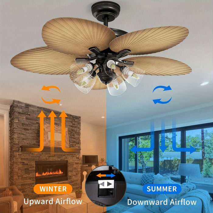 52 in.Tropical Palm Leaf Ceiling Fan with Light Kit Remote Wall Control Switch, Silent Reversible Ceiling Fan Fanlight with Clear Seeded Glass Light Kit-ErisView