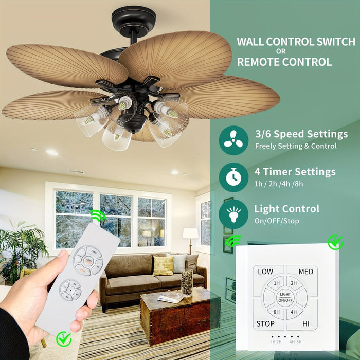 52 in.Tropical Palm Leaf Ceiling Fan with Light Kit Remote Wall Control Switch, Silent Reversible Ceiling Fan Fanlight with Clear Seeded Glass Light Kit-ErisView