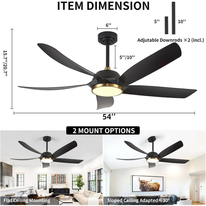 54 in. Bedroom Ceiling Fans with Lights, Black Modern Ceiling Fan with Remote Control for Porch Patio, Quiet Reversible Fan for Summer Winter-6-ErisView