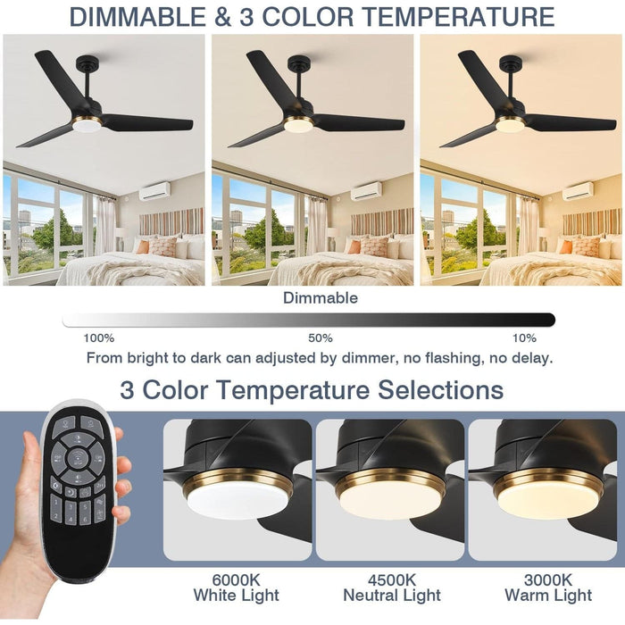 56 in. Black Ceiling Fan with Light Remote APP Control, 3 Blade Outdoor Patio Fans, Modern Reversible Ceiling Fan Summer Winter for Bedroom Living Room-2-ErisView