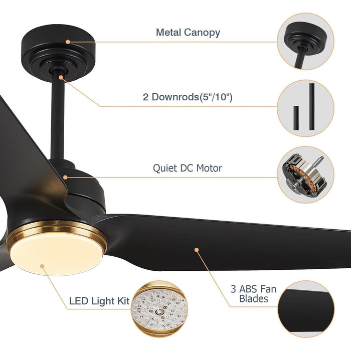 56 in. Black Ceiling Fan with Light Remote APP Control, 3 Blade Outdoor Patio Fans, Modern Reversible Ceiling Fan Summer Winter for Bedroom Living Room-6-ErisView