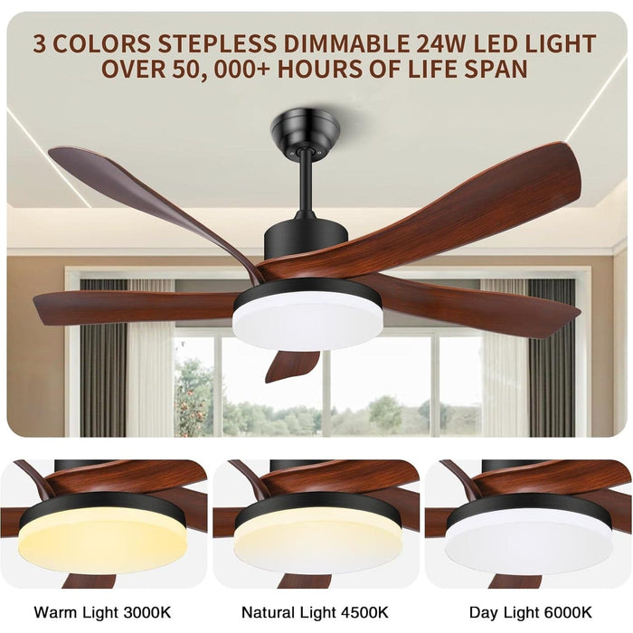 56 in. Farmhouse Brown Remote Control Ceiling Fan and Light, Dimmable Noiseless Reversible Ceiling Fan for Bedroom Living Room Patio Porch-4-ErisView