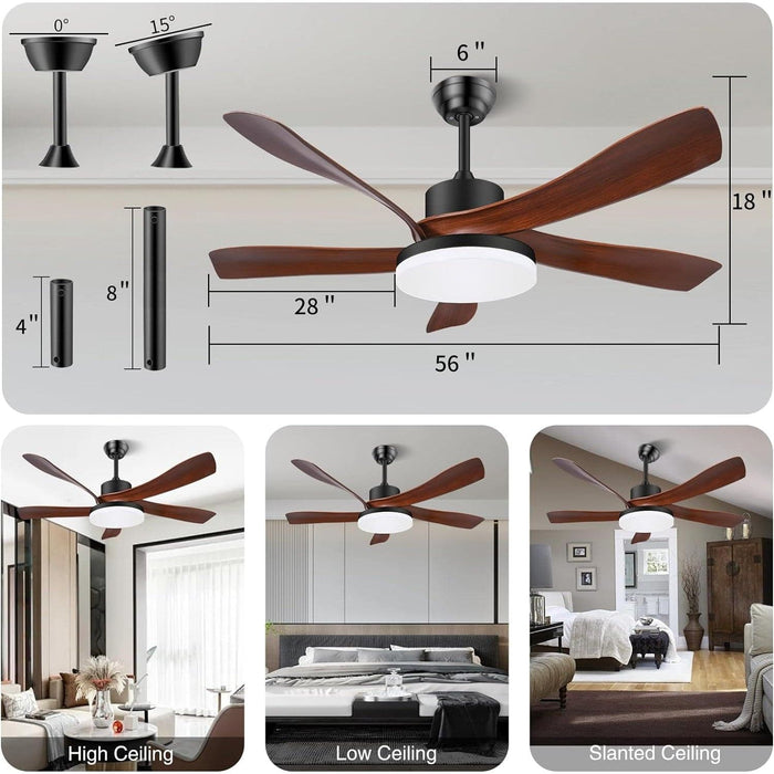 56 in. Farmhouse Brown Remote Control Ceiling Fan and Light, Dimmable Noiseless Reversible Ceiling Fan for Bedroom Living Room Patio Porch-5-ErisView