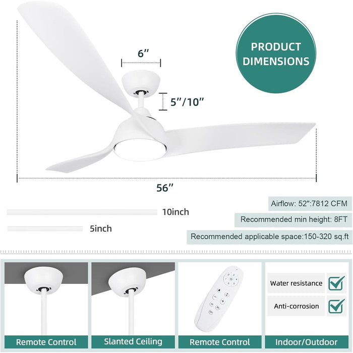 56 in. Outdoor Ceiling Fans with Light and Remote, Reversible Dimmable White Ceiling Fan with Light for Bedroom Living Room Patio-5-ErisView