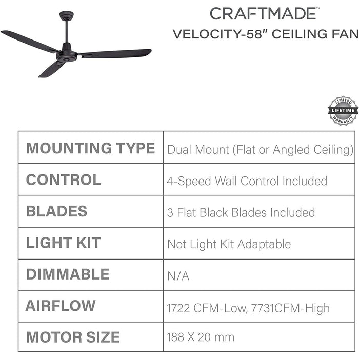 58 in. Black Modern Heavy Duty Industrial Ceiling Fan with Wall Control, 3 Blades Flat Ceiling Fan-4-ErisView